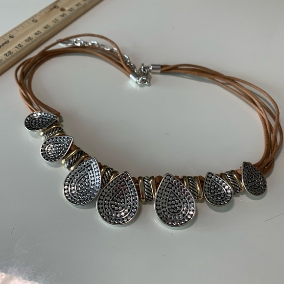 St Thomas Jewelry - St. Thomas choker style necklace. Silver tone. Silvertone medallions brown chord